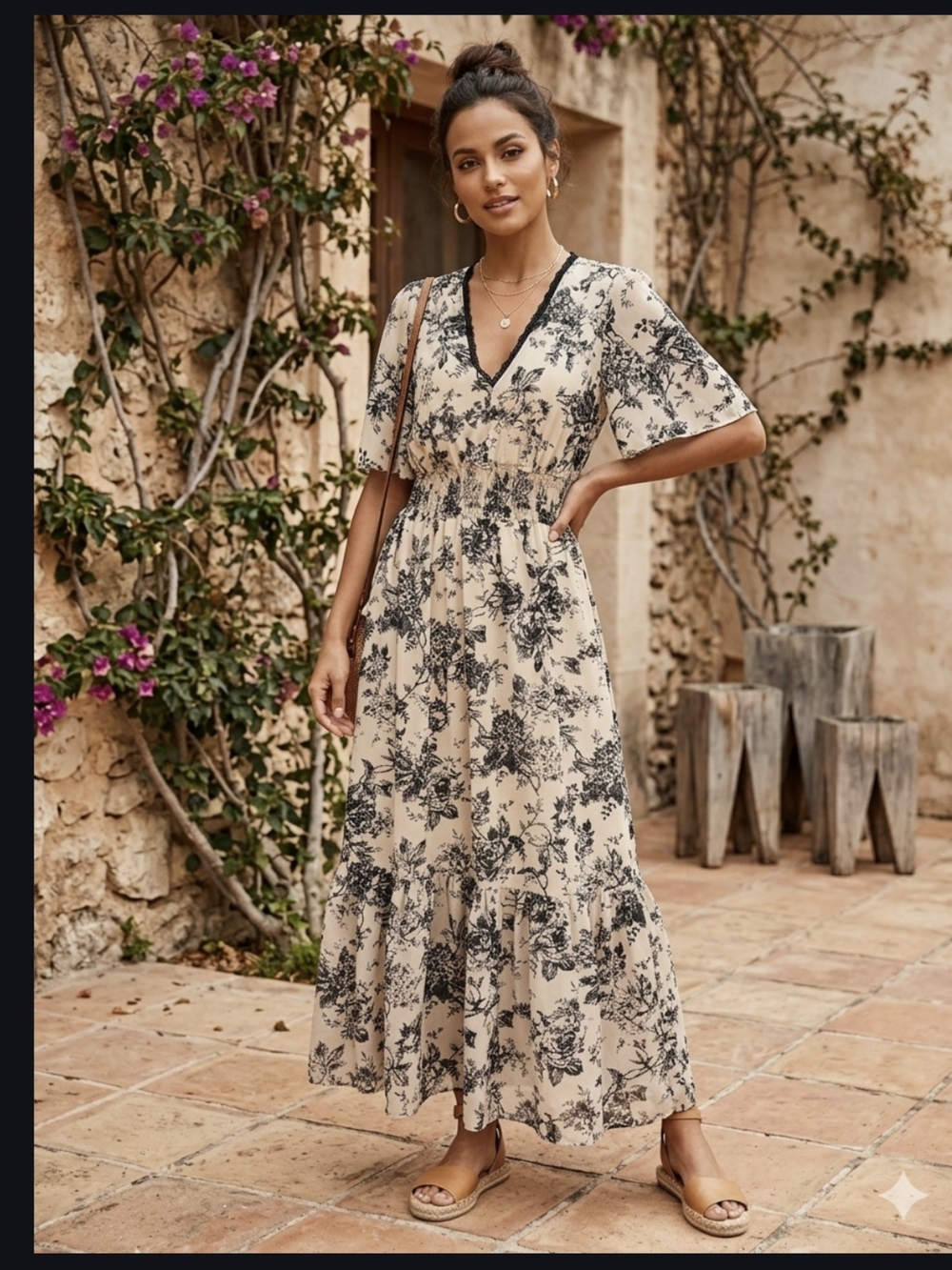Cream Floral V-Neck Smocked Maxi Dress